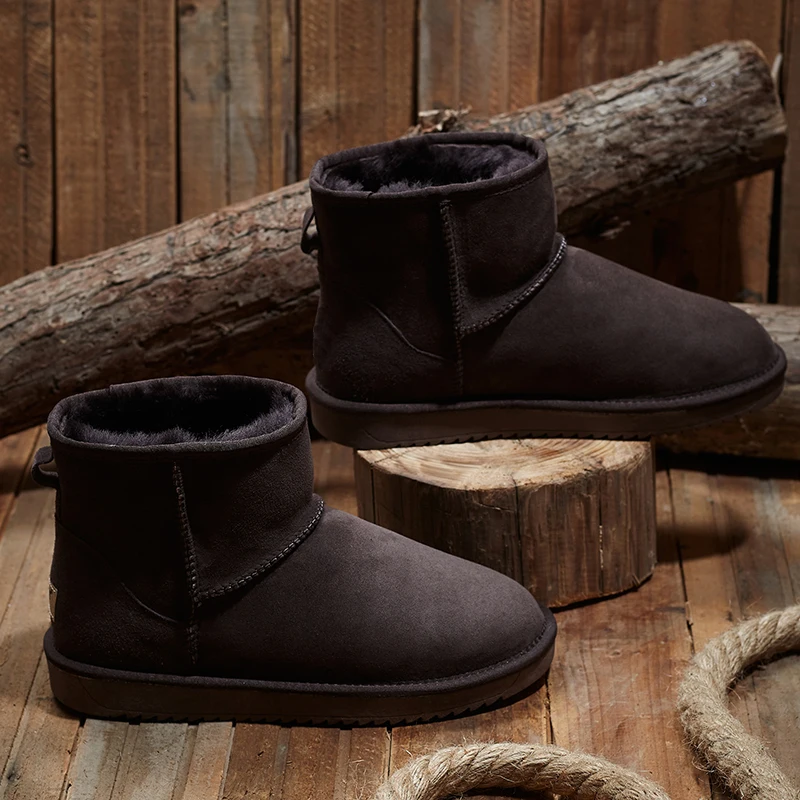KZZO Size 37-48 Australia Classic Real Sheepskin Suede Leather Men Sheep Wool Fur Lined Winter Short Ankle Snow Boots Grey Shoes
