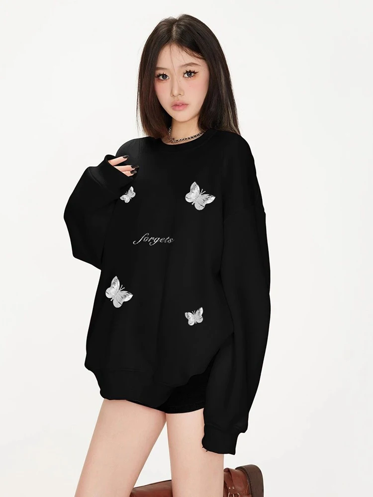 Zoki Retro Bufferfly Y2K Sweatshirts Women Streetwear Pure Cotton Gothic Black Pullovers American Vintage Long Sleeve Loose Tops