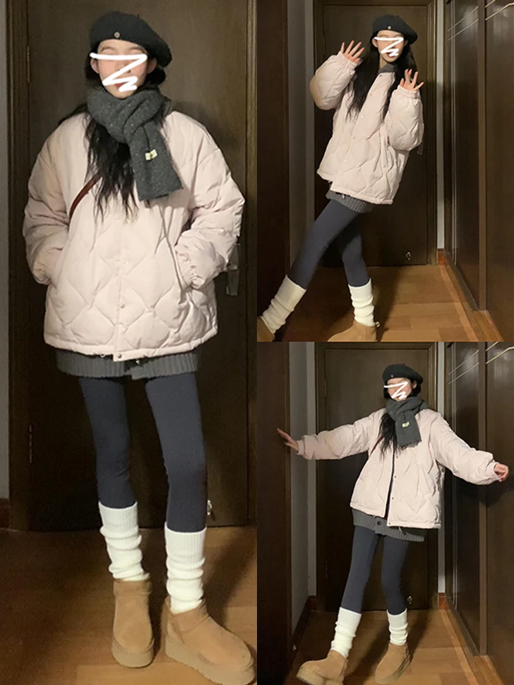 

Purple Diamond Pattern Cotton Jaet Women's Loose ort Sle Korean Sle Winter Coat Warm Comfortable Breathable Casual