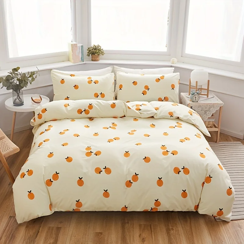 3pcs Down jacket（1 * Down quilt cover   2 * Pillowcase，Without Core），Orange Printed Bedding，Soft and Comfortable，For Bedroom，Gue