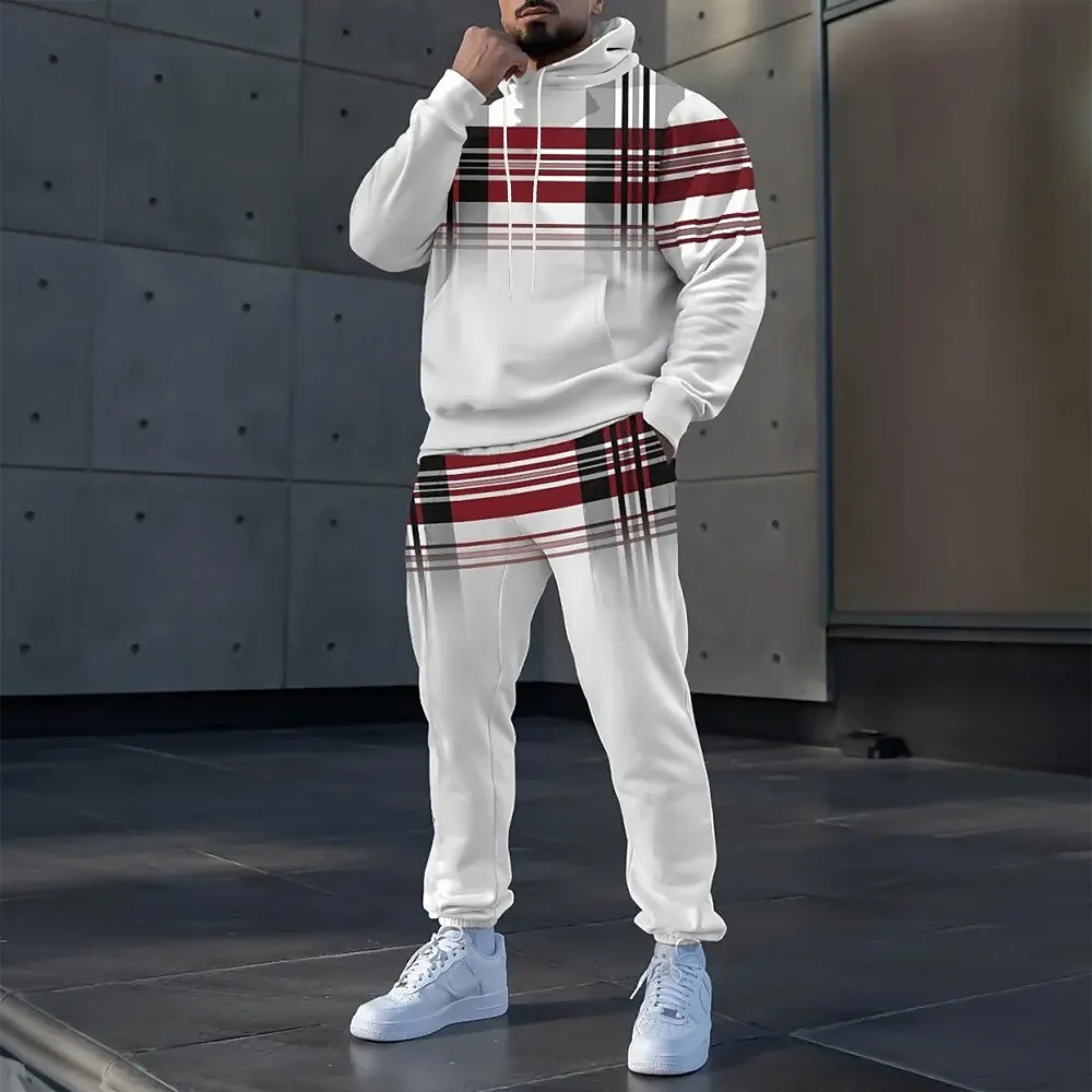 심플한 스트라이프 프린트 남성 후드 세트 가을 겨울 캐주얼 스웨트셔츠 바지 투피스 패션 고품질 체육관 스포츠 의류