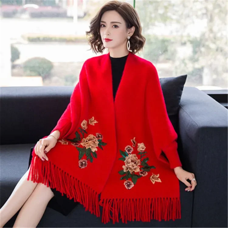 Embroidered Tassel Knitted Shawl Women Long-sleeved Cardigan Thick High-end Warm Cloak Sweater Poncho Female Autumn Winter SA547