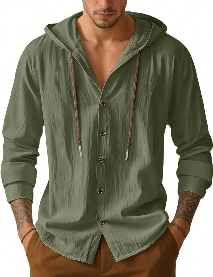 

Mens Linen Button Down Hooded Long Sleeve Casual Shirt Lightweight Beach Top