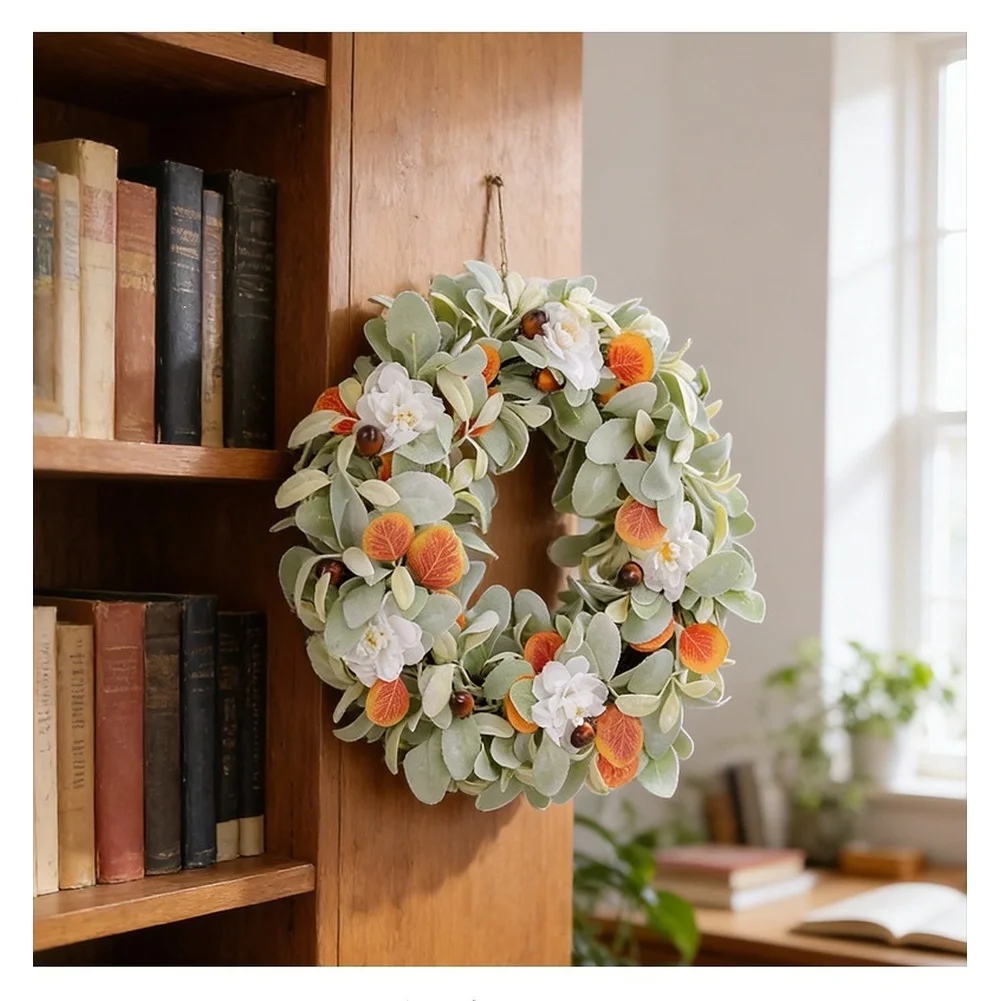 Rabbit Ear Leaf and White Blossom Garland for Harvest Season for Decor Using Plastic Foam Fabric and Branch-Based Construction