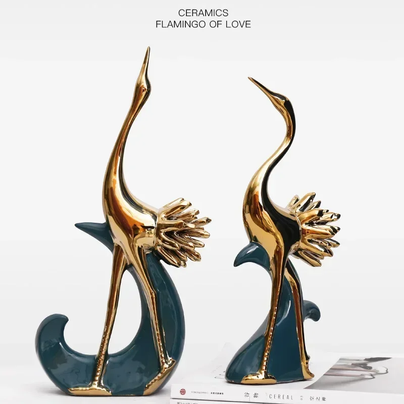 Home Light Luxury Peacock Green Plating Gold Ceramic Flamingo Decoration Room Wine Cabinet Decoration Furnishings Decoration