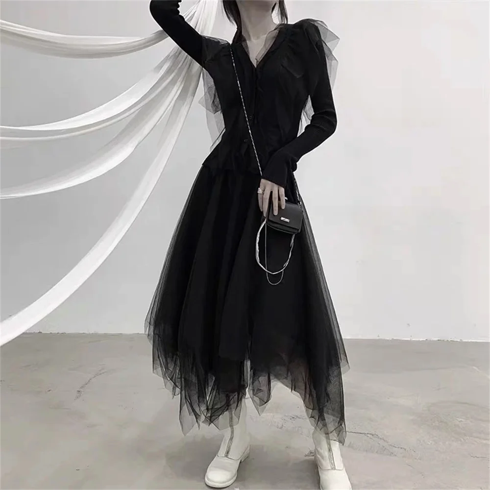 Vintage Punk Gothic Grauer Tüll Langer Unregelmäßiger Plissierter Rock Damen Elastische Hohe Taille A-Linie Mesh Midi-Röcke Streetwear – Detail 3