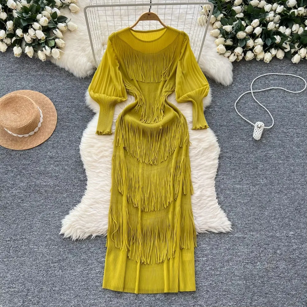 Vintage O-Neck Elegant Long Lantern Sleeve Chic Tassel Slim Long Dress French Fashion Evening High Street Autumn Winter Clothing