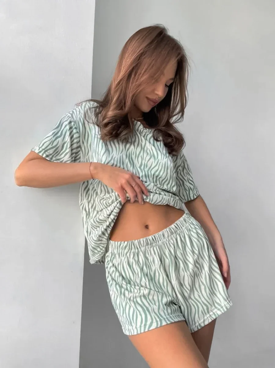 Mozuleva Summer New Loose Green Leopard Print Set Casual Fashion Shorts Women's Basic Chic Short Sleeve  Pajamas Two-piece Set