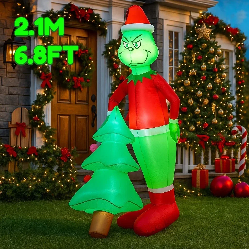 Decoraciones navideñas de 2,1 M/6,8 pies, juguete inflable Grinch con árboles de Navidad, adornos para el patio del hogar, decoración LED, juguete para fiesta de Navidad
