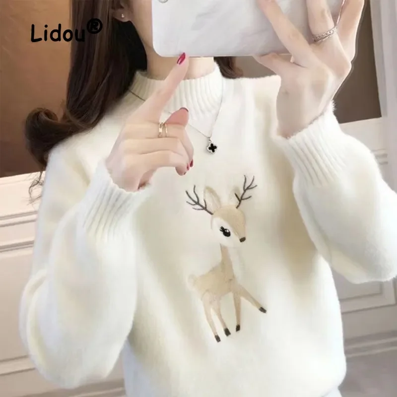 

Fashion Autumn Winter Embroidered Deer Sweaters Women New Long Sleeve Classic Mock Neck Casual Comfortable Keep Warm Top G256