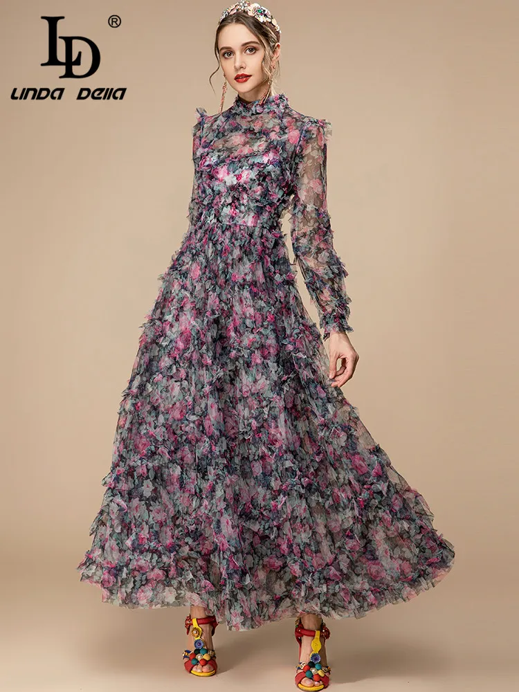 LD LINDA DELLA Fashion Runway Spring Dress Women's Stand collar Floral print Ruffles Mesh Vintage Long Vacation Party Dresses