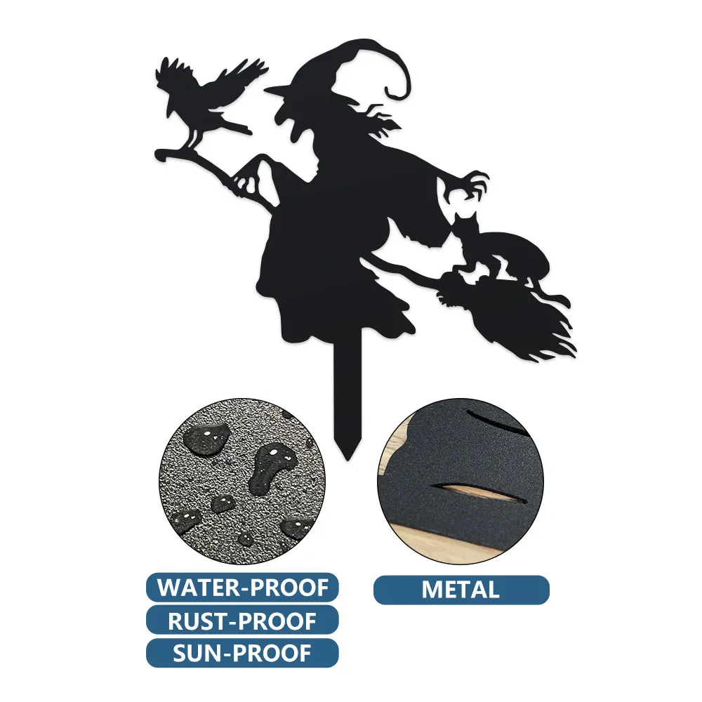 2D Halloween & Fall Decor with Cat and Crow, Outdoor Home Accent Witch on Broomstick Metal Garden Stake