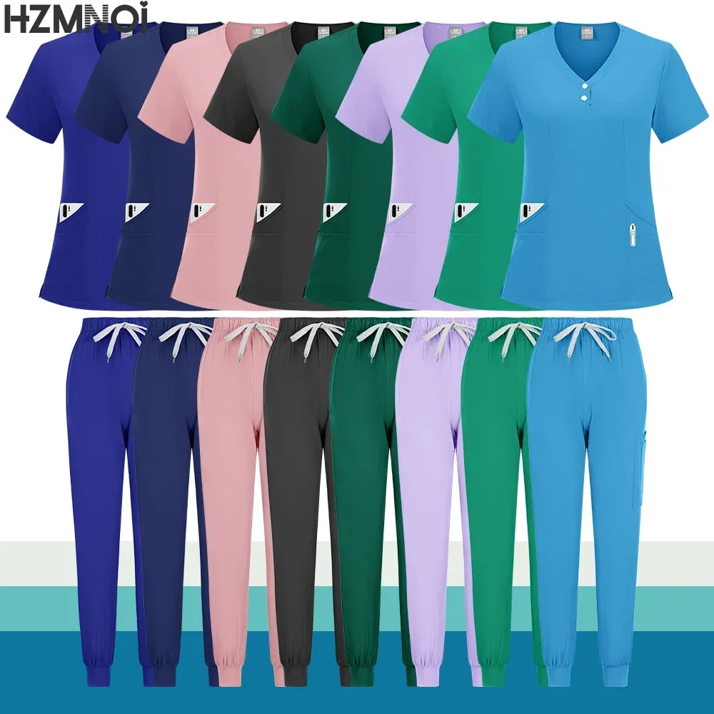 Scrubs Uniform Suit Short Sleeve V-neck Tops+jogger Pants Set Nursing Uniform Women Multicolor Pet Doctor Scrub Medical Workwear