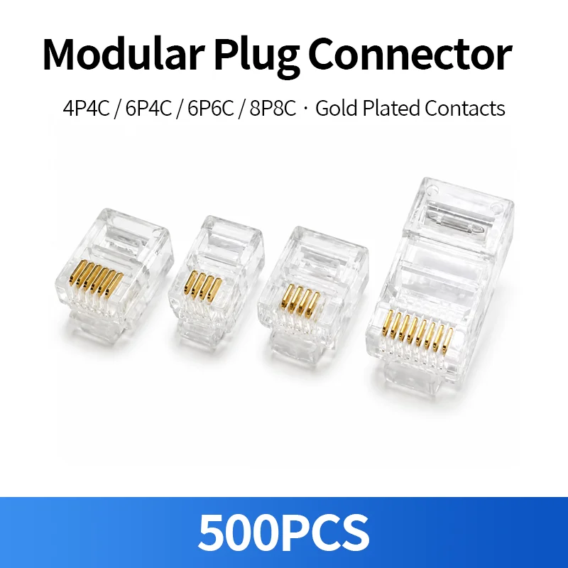 500PCS Modular Plug Connector RJ11 RJ12 RJ45 RJ9 6P6C 6P4C 8P8C 4P4C Gold Plated Telephone Network Crystal Head
