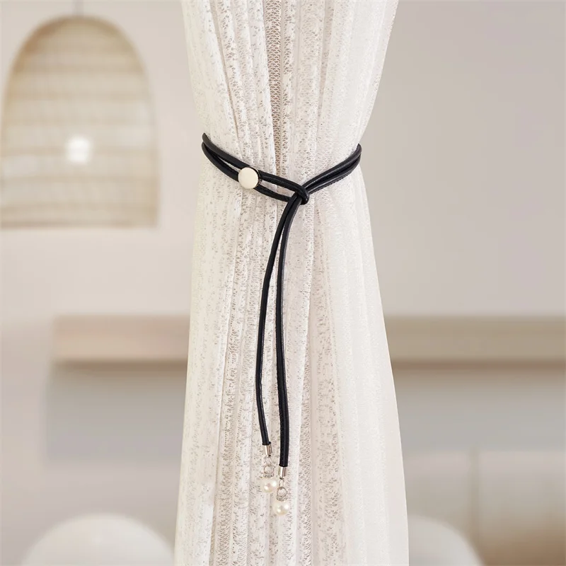 2pcs Leather Curtain Tiebacks Buckle Adjustable Curtains Tieback Straps PU Rope Beads Curtain Tassels Hanging Home Decoration