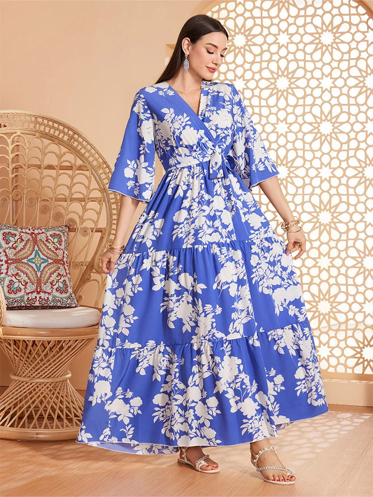 

Eid Mubarak Summer Print Kaftan Women Marocain Evening Party Maxi Dress Muslim Dubai Abaya Turkey Arabic Robe Islam Jalabiya New