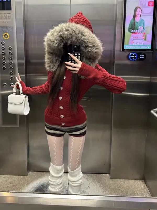 

Slimming Red Knitted Hoodie Retro Gentle Sle Faionable Beautiful Top Ci Walk Country Hike Travel Busin Par Home