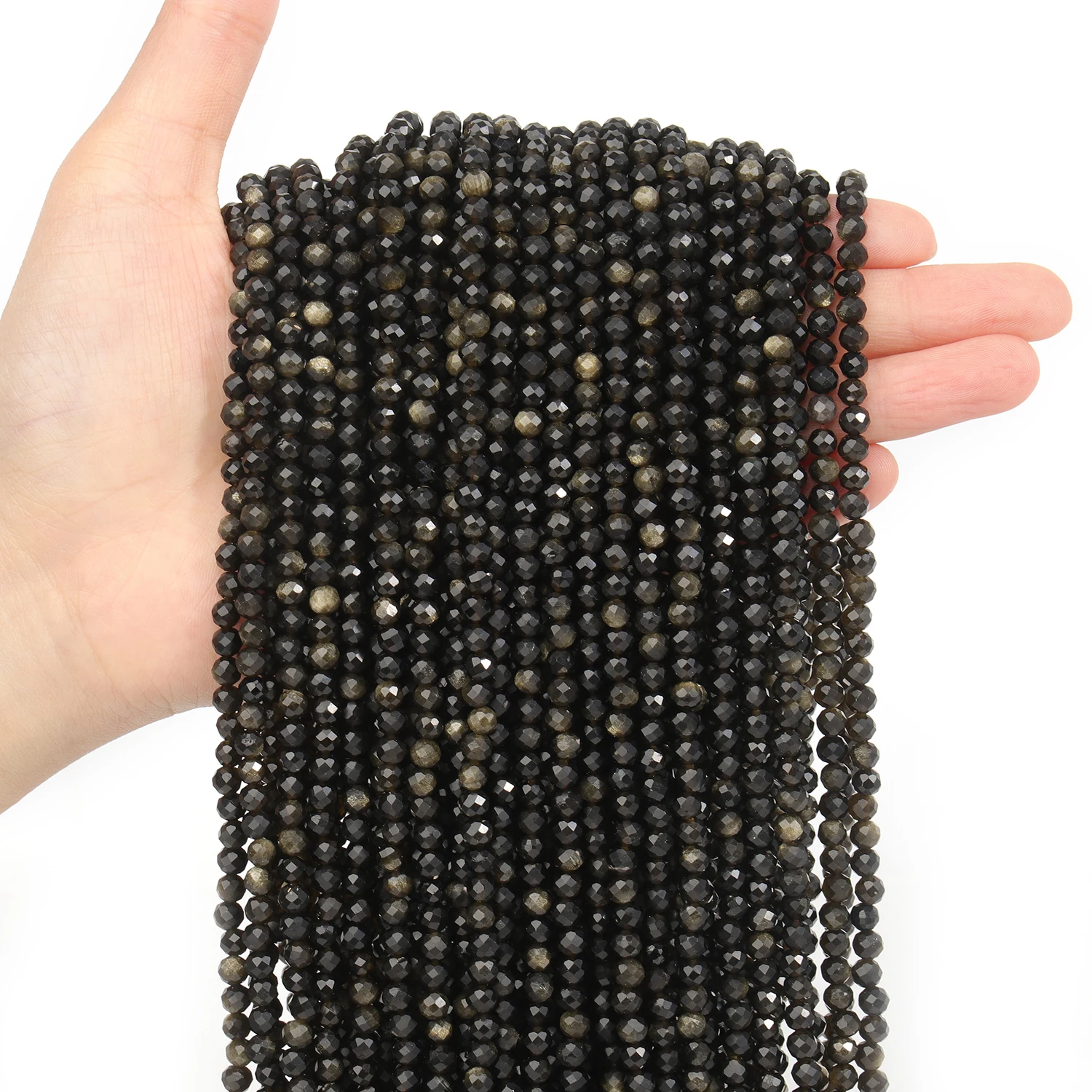 Großhandel Facettierte 2 3 4mm Naturstein Goldfarbene Obsidian-Perlen Runde Kleine Lose Perlen für Schmuckherstellung DIY Armbänder – Detail 4
