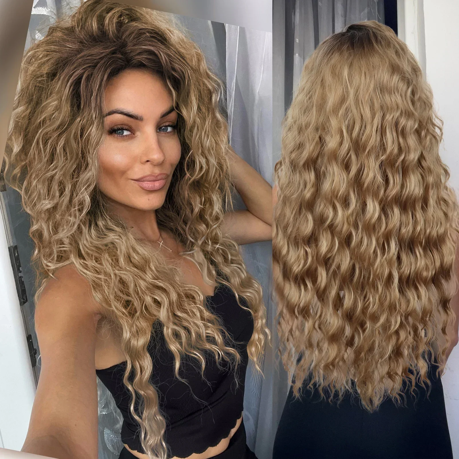 

GNIMEGIL Synthetic Long Wave Cur Wigs Female Natural Brown Wig with Clip Free Part Side Bangs 80s Curly Wigs for Women Ombre Wig