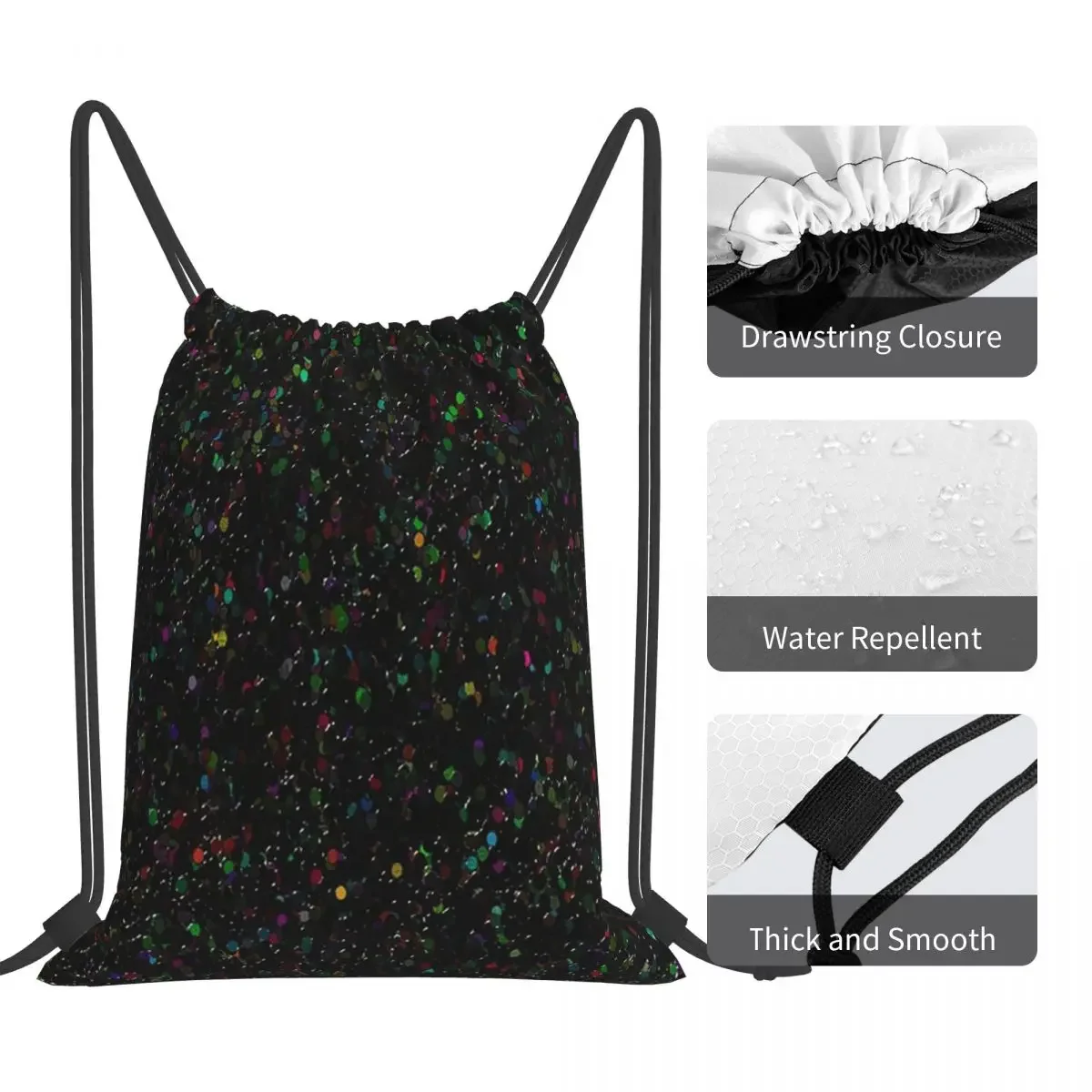 GLITTER-Mochilas casuais portáteis para homem e mulher, sacos de cordão preto, bolso para pacotes, bolsa para a escola