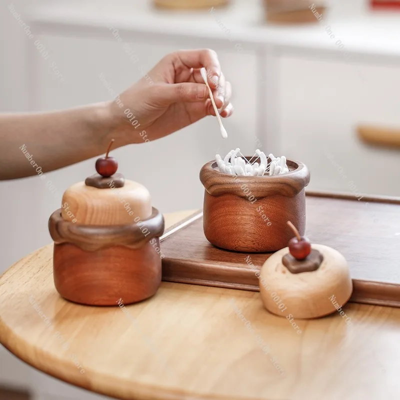 Creative Solid Wood Toothpick Holder Floss Box Cotton Swab Jar Decorative Desktop Ornament Home Living Room Tabletop Organizer