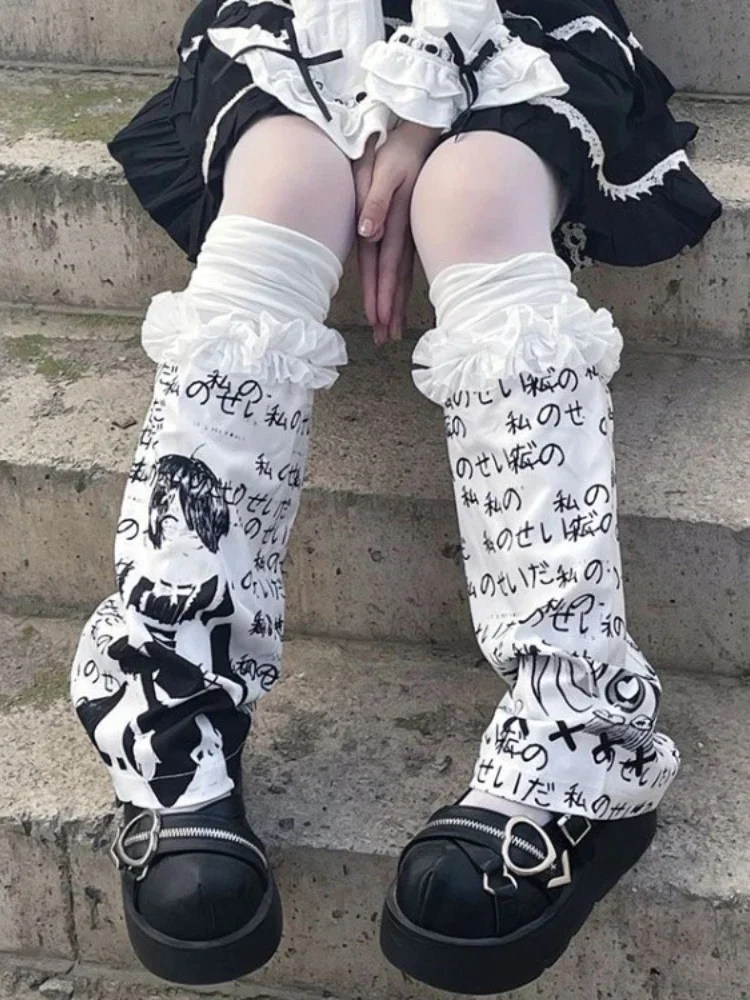 Gothic Y2k Leg Warmers Women Japanese Harajuku Long Socks Foot Cover Summer Trendy Cartoon Kawaii Print Lace Patch Boot Cuffs