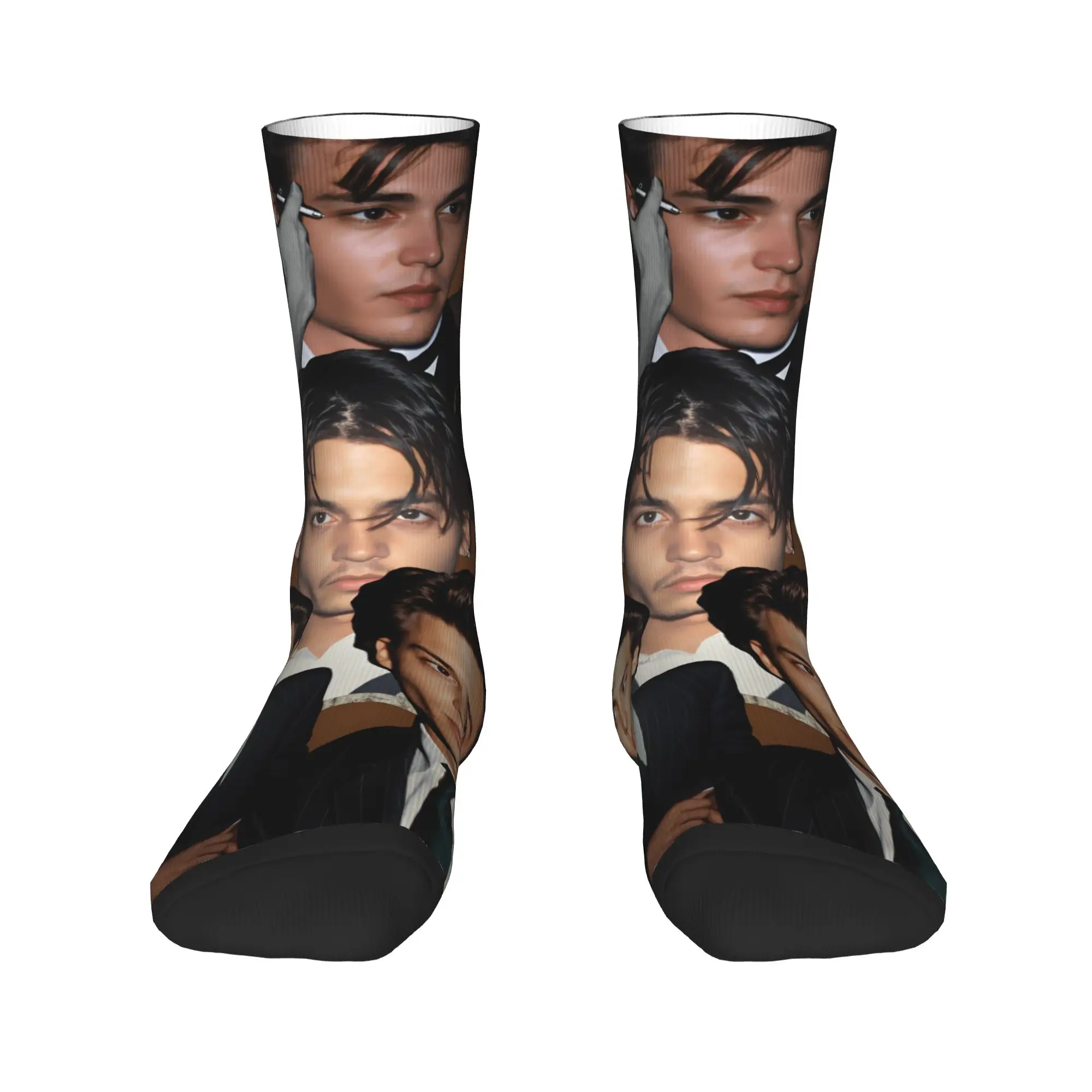 Kaus Kaki Cetak Kolase Johnny Depp, Stoking Musim Semi, Kaus Kaki Unisex Pria Berkualitas, Desain Kaus Kaki Anti Keringat untuk Mendaki