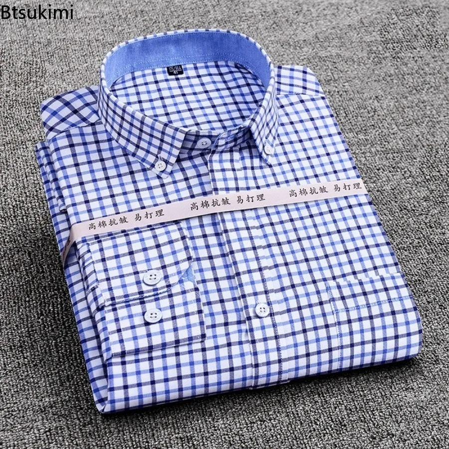 2024 Men's Long Sleeve Striped Cotton Oxford Shirts Fashion Classic Plaid Slim Formal Clothes Men Casual Social Shirt Oversized