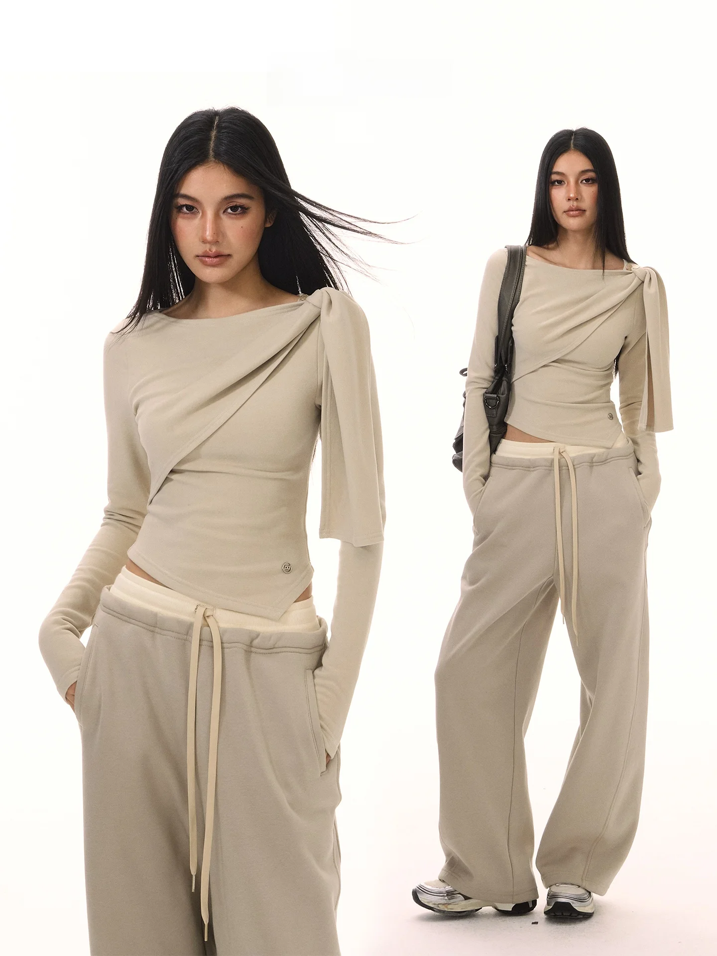 

ACME AURA Asymmetric Long Sve T-irt Women's Waist Cinching Pleated ey een Top Casual Sle Slim Fit Teen Girls