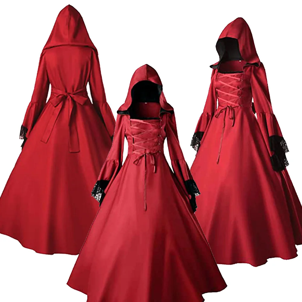 Gotische Renaissance Cosplay Kostuum Dames Retro Lange Rode Jurk Jurk Outfits Halloween Carnaval Feest Vermomming Pak