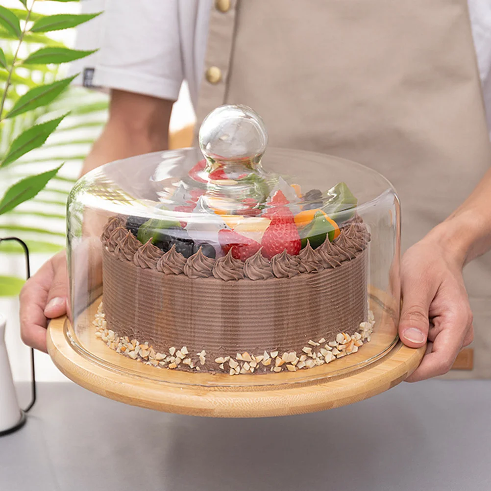 

1Pcs Cake Display Plate Bamboo Tray Glass Cover Household Snack Tray Practical Food Display Bread Pastry