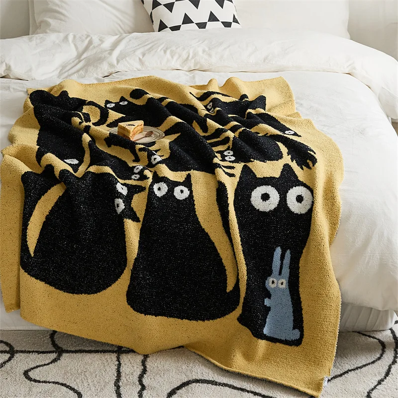 Knitted Blanket Autumn Thicken Cute Cartoon Black Cat Fashion Travel Keep Warm Breathable Home Decoration Soft Fabric 130*160