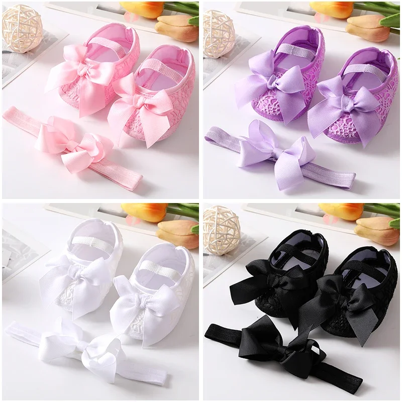 Soft Sole Flower Newborn Baby Girl Christening Shoes Headband Set 2021 Lovely Princess Lace Bowknot Infant Non Slip First Walker