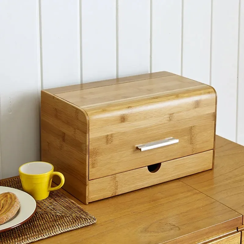 Dustproof Bread Box Bamboo Snacks Sundries Storage Boxs Solid Wood With Drawer Kitchen Shelf