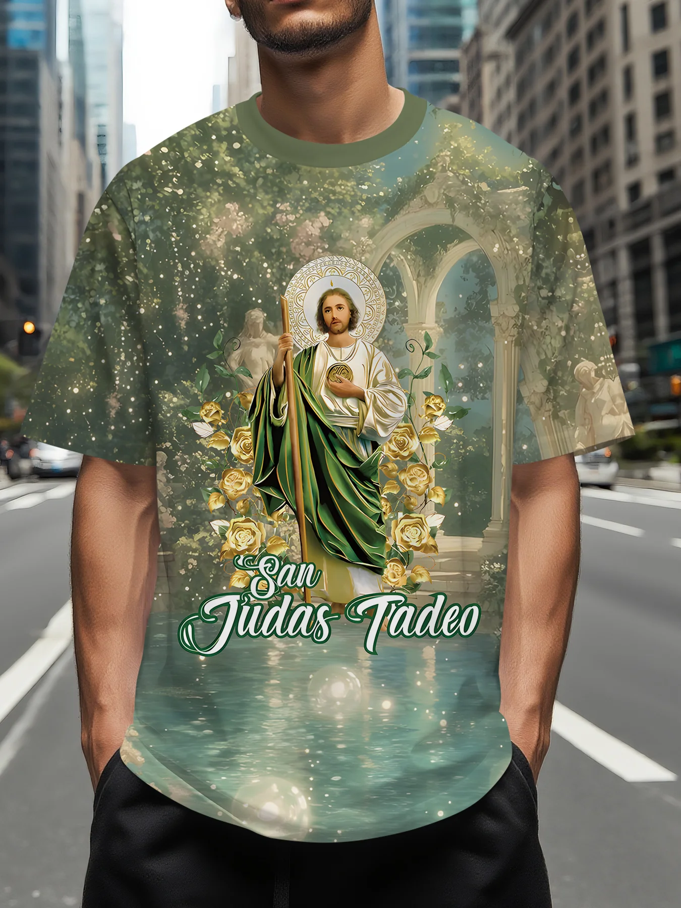 

Men's St. Jude Thaddeus Religious T-Shirt - 3D Digital Print Catholic Design with Spanish Inscription, 100% Polyester Casual
