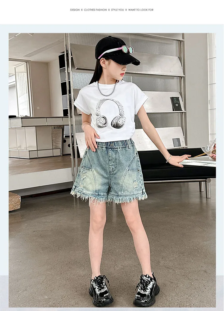 Neue Sommer-Jeansshorts im Vintage-Stil mit rohem Saum für Mädchen im Teenageralter, coole Streetwear-Shorts, Kinder-Denim-Shorts im Used-Look – Detail 2