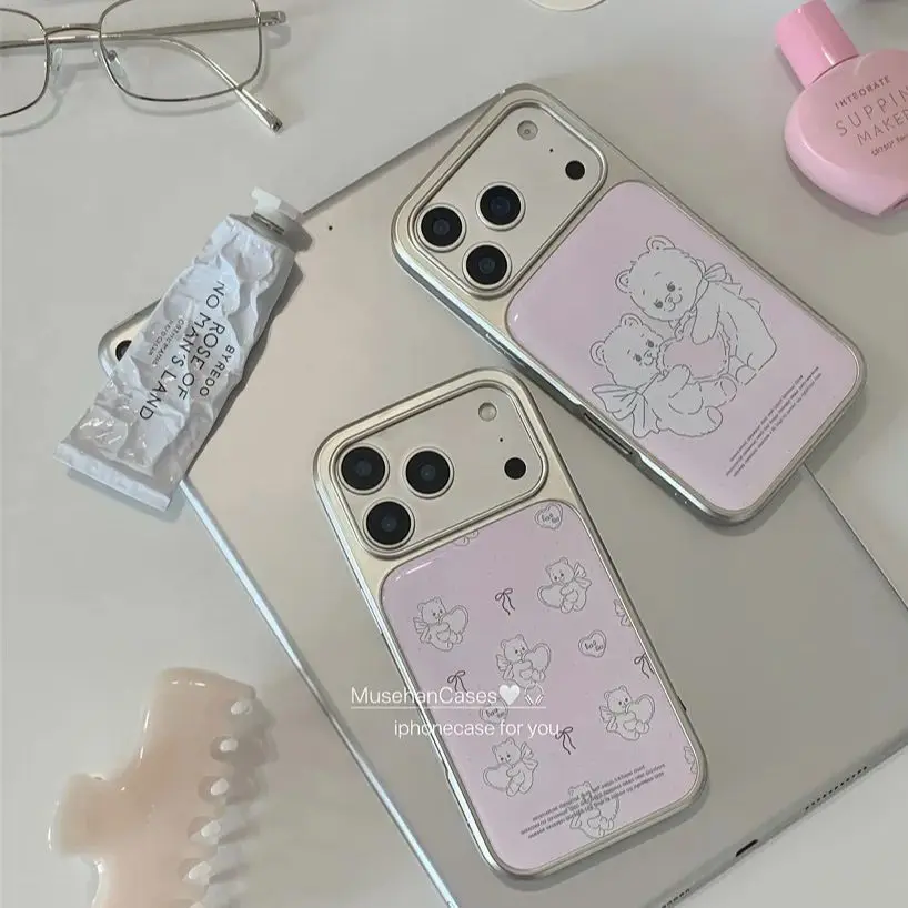 

Korean Ins Cute Pink Wing Bear Bow Love Phone Case For iPhone 17 16 15 14 13 12 11 Pro Max 14 15 16 17Air Plus Sweet Y2K Cover