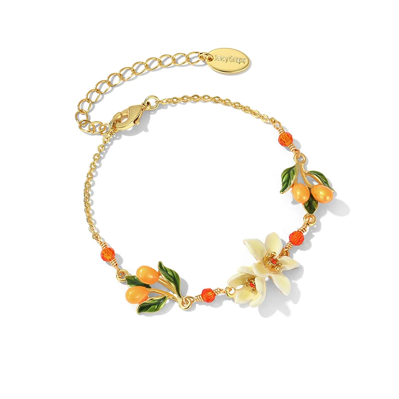 

Enamel White Orange Blossom and Kumquat Bracelet 18K Gold-Plated European & American Jewelry Christmas Gift Versatile Everyday