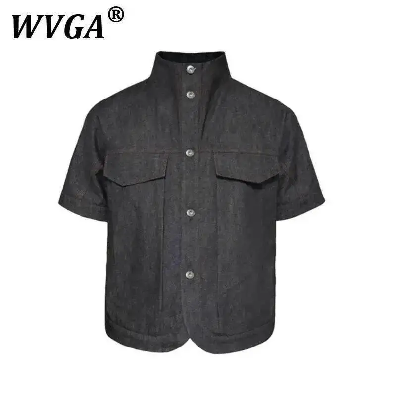 

WVGA весна лето новые мужские джинсовые короткие рубашки Tide High Street модные двойные пояса с боковыми карманами нишевые шикарные повседневные топы W8336