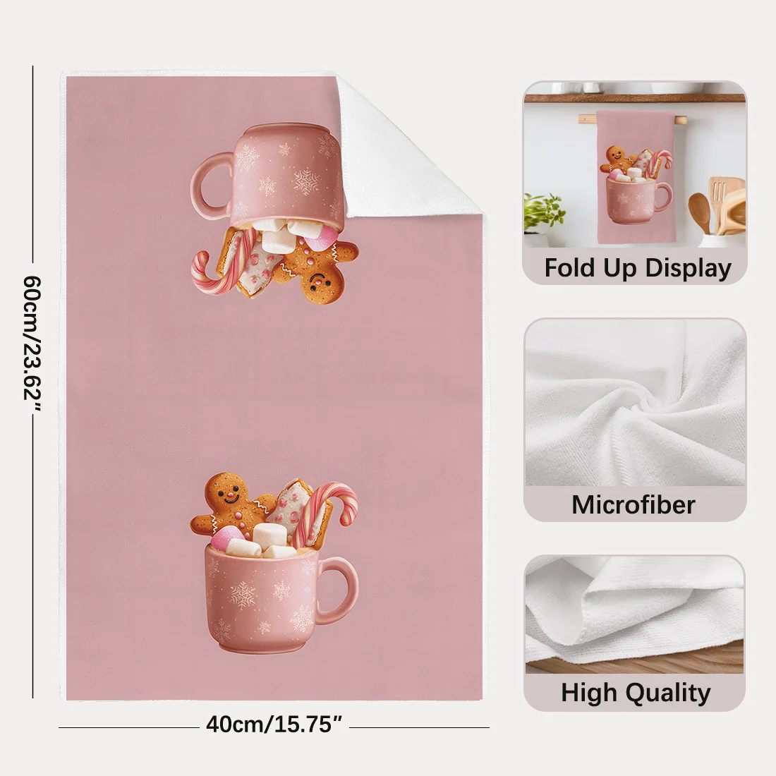 2PCS Gingerbread Man Cup Christmas Kitchen Towels Dish Towel Dish Cloths Holiday Dry Cloth for Kitchen Decoration 40x60cm