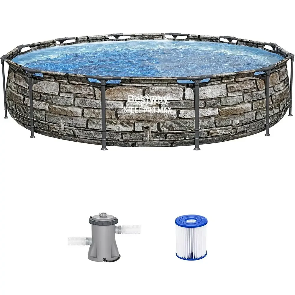 12' x 30 Round Metal Above Ground Swimming Pool Set with Filter Pump and Cartridge Filter, Stone Print