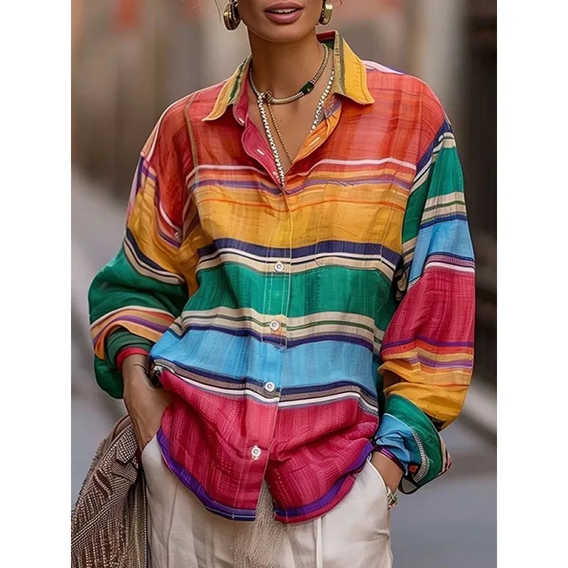 

Vintage Striped Women Shirt 2026 New Stylish Turn Down Collar Long Sleeve Commuting Shirts & Blouses Woman Clothes 184852