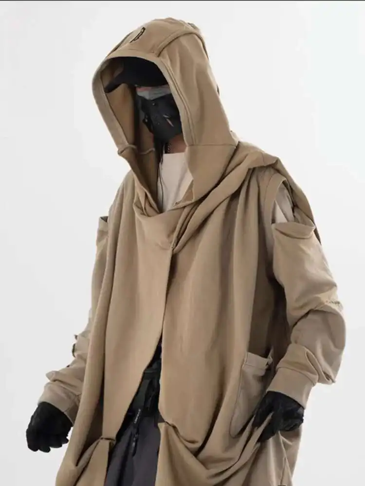 Mantel Hujan Pria Pakaian Jalanan Penahan Angin Pria Gotik dengan Saku Tudung Desain Tahan Angin Panjang Sedang Warna Solid untuk Pria