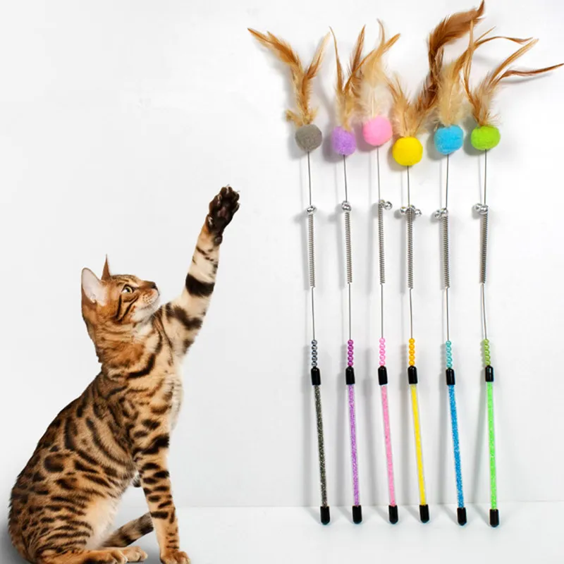 Cat Toy Cats Feather Toy Steel Wire Cat Toys with Bell Stick Scratch Bite Feather Toys for Cats Teaser Stick Ball Pet Products