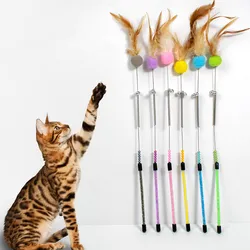 Cat Toy Cats Feather Toy Steel Wire Cat Toys with Bell Stick Scratch Bite Feather Toys for Cats Teaser Stick Ball Pet Products