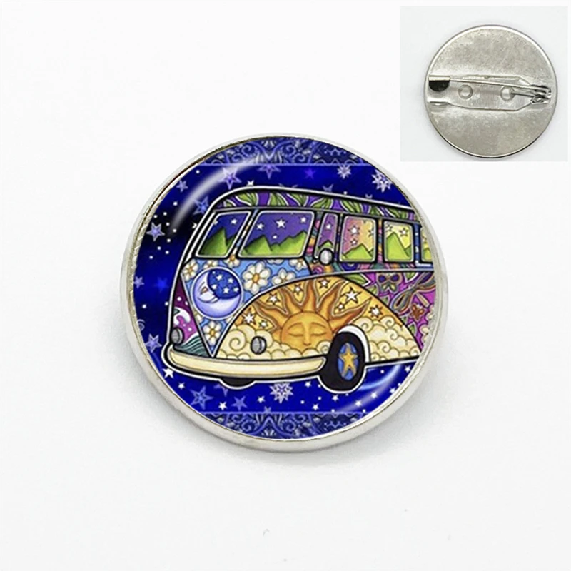 Nuovo arrivo simbolo della pace collare spilla spilla rotonda Hippie segno di pace Bus cupola di vetro Cabochon spille gioielli regali