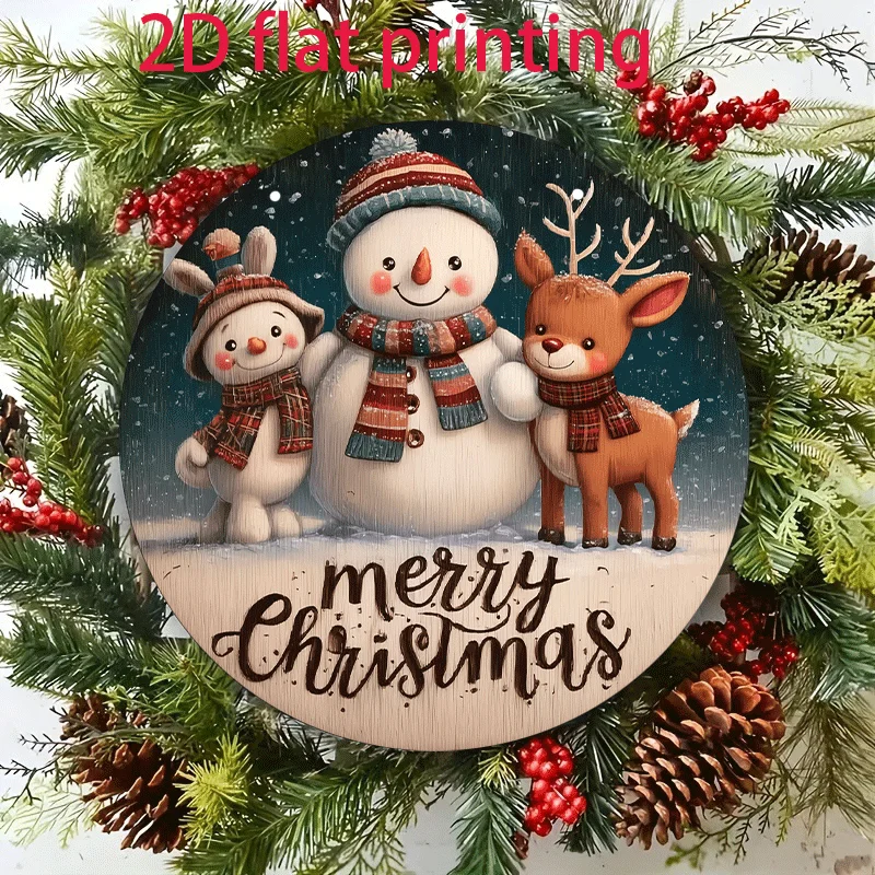 2D Flat, 1pc 2D Flat 8-Inch Round Winter Christmas Wooden Wall Decor, Cute Snowman Reindeer 'Merry Christmas' Design, Suitable f