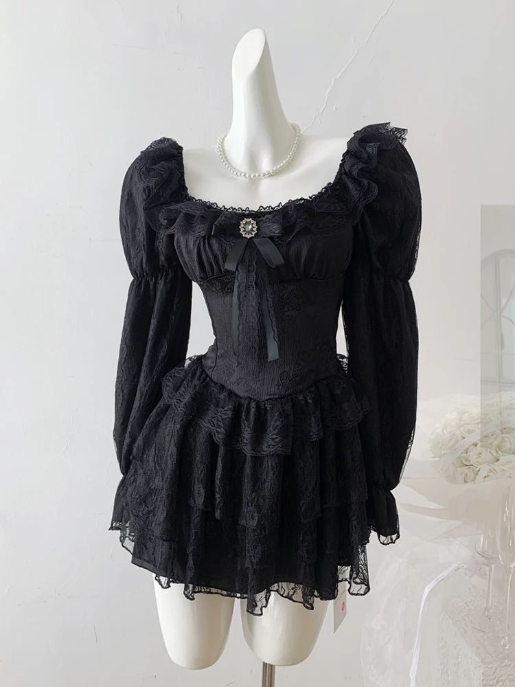 Women Shoujo Girl Long Sleeve Chiffon Dress Mini Frocks Square Collar One-Piece 2000s Gyaru Coquette Dark Academia Gothic Lace