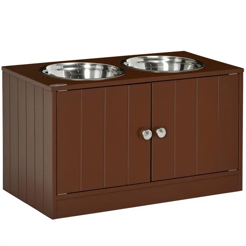 

PawHut Elevated Dog Bowls with Storage Cabinet, Raised Dog Bowl Stand Pet Food Bowl Dog Feeding Station, Brown
