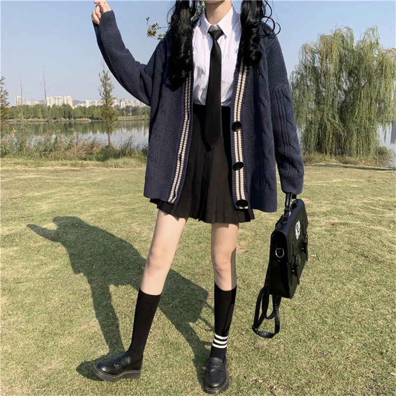 Japanese Student Girl College Style 100% V-neck Knitted Cotton Navy Cardigan Sweater Lazy Style Oversize School Uniform Full Set